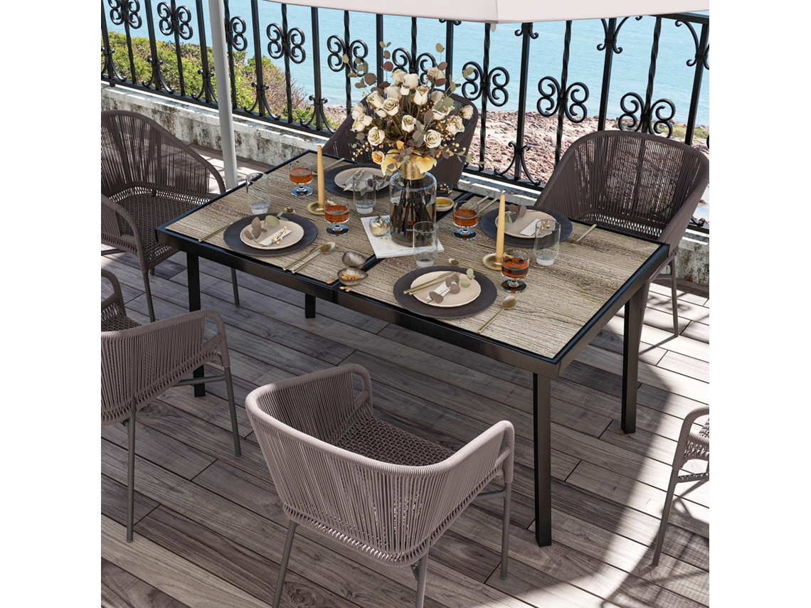 Mesa De Jardim Cinza Para 6 Lugares, Com Tampo Em Madeira Olha E Estrutura Metálica, Resistente A Intempéries - 145 X 85 X 72 Cm
