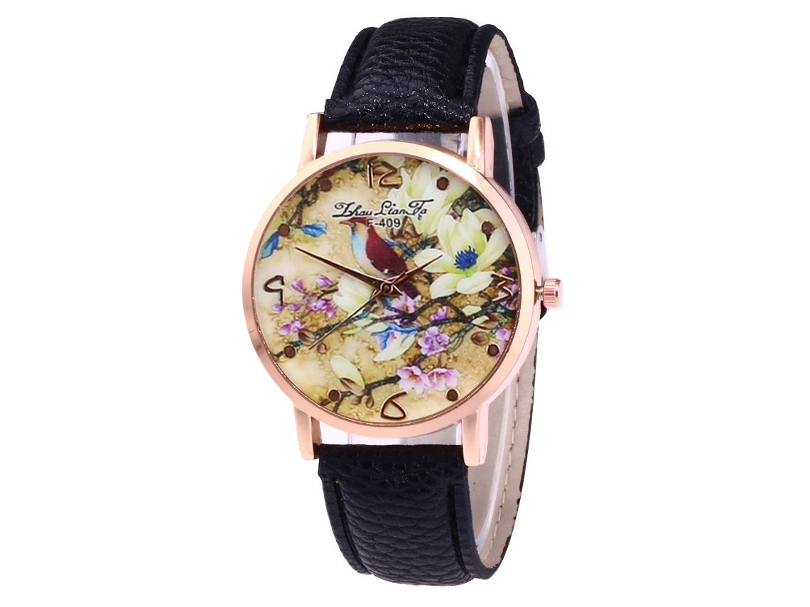 Reloj De Pulsera De Cuarzo Con Correa De Pu Patrón Flor Y Ave Zhoulianfa Negro Unisex