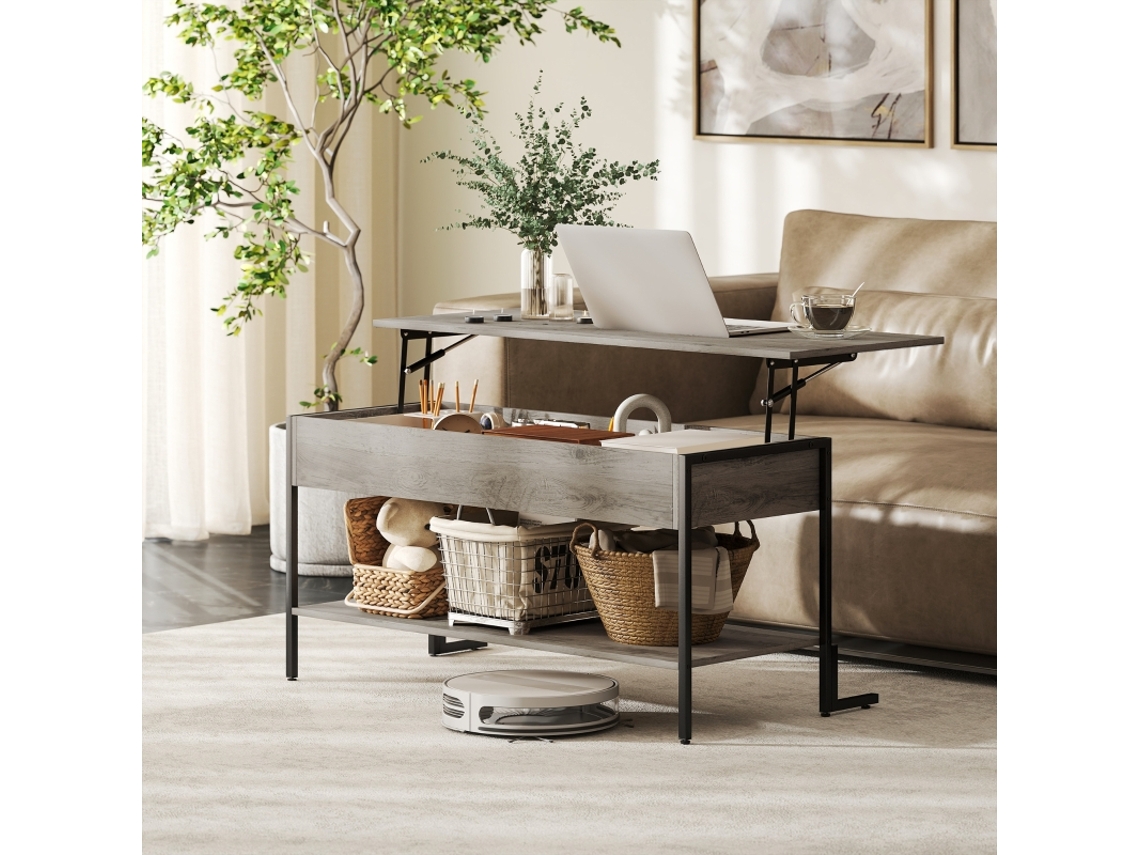 Mesa De Centro Com Tampo Elevável, Mesa De Sala Com Compartimento Escondido E Prateleira Aberta, 95x40x59cm, Cinza.