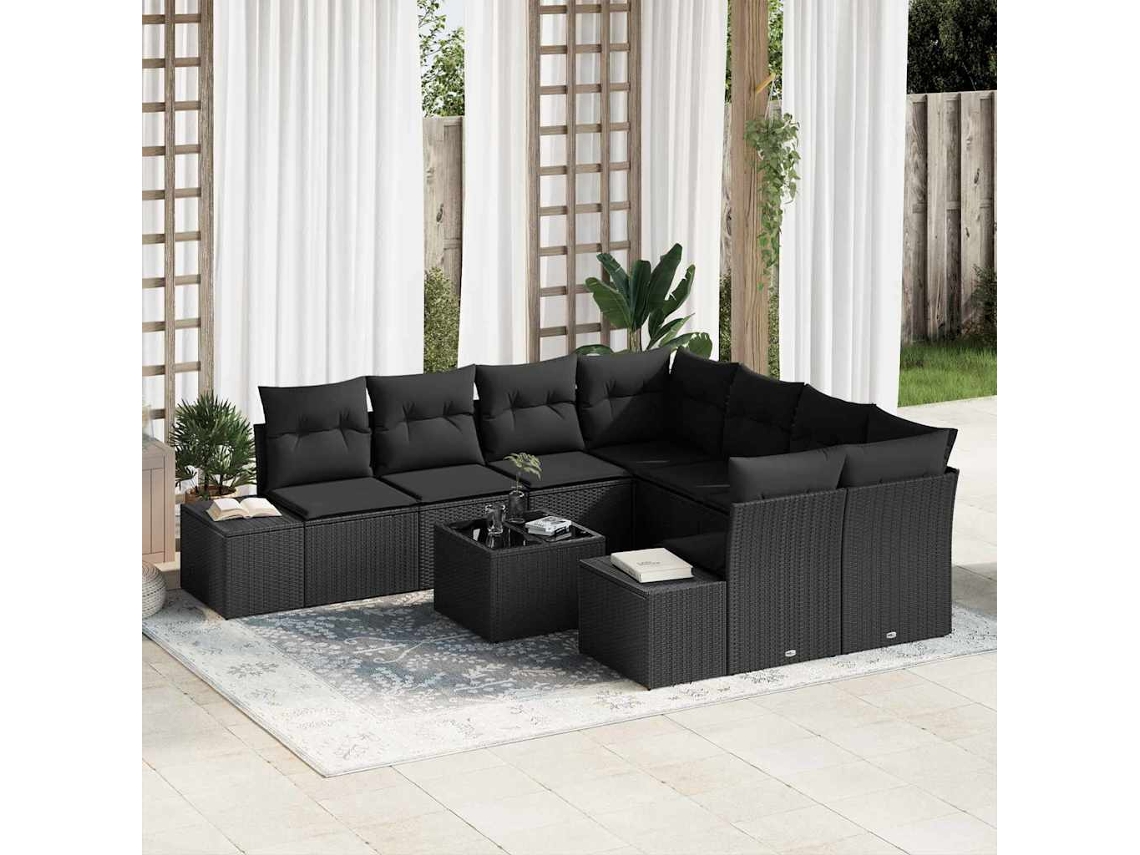 Vidaxl Conjunto de Sofá de Jardim com Almofada 9 Pcs Preto Vime Pe