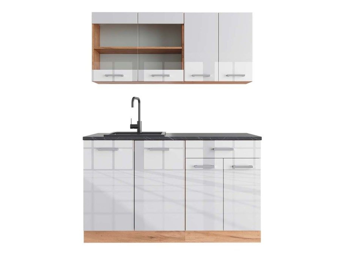 Cozinha R-Line, 140 cm, PT Antracite, Branco brilhante/Carvalho dourado, Vicco