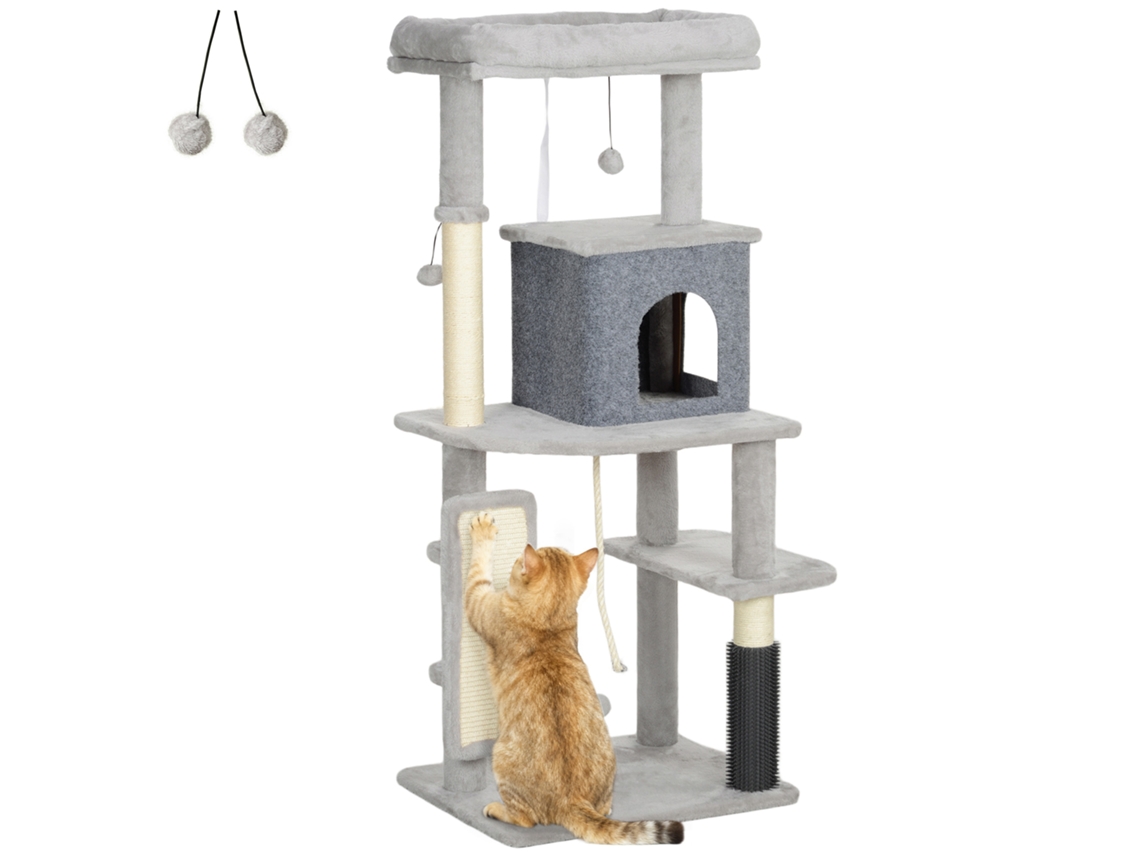 Poste Com Escova, Armação De 132 Cm Com Plataformas, Bolas Penduradas E Almofada, Cor Cinza Claro Arrumação
