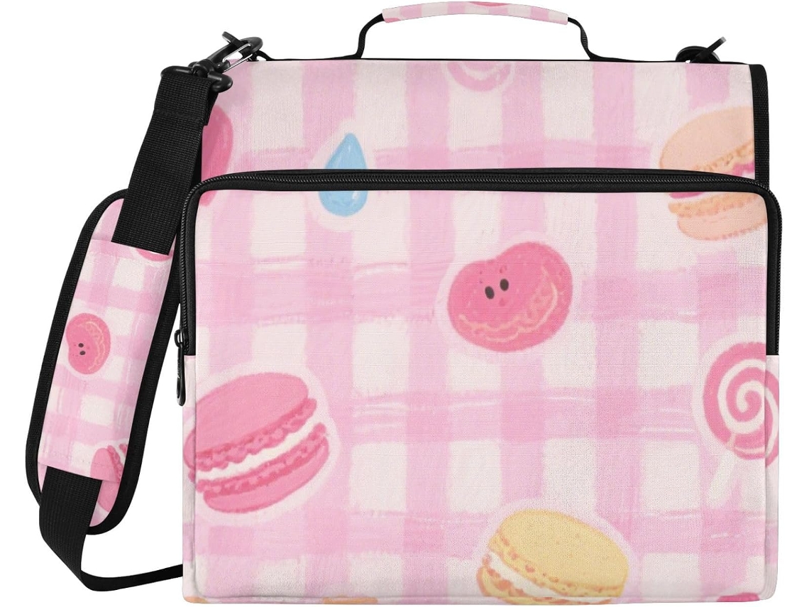 Pasta Organizadora Com Vários Bolsos, 3 Argolas De 1, 5 Polegadas, Estampa De Personagens Fofos Em Tons Rosa, Alça E De