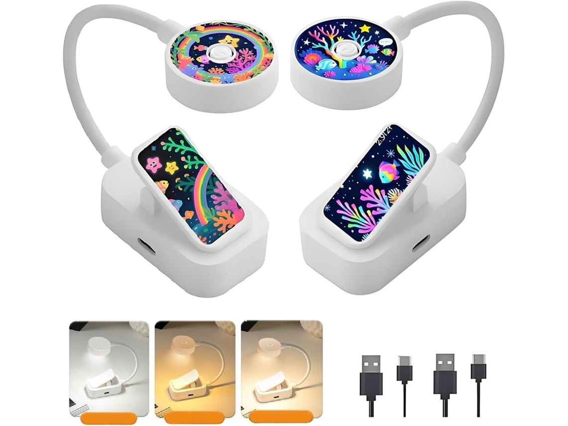 Conjunto De 2 Luminárias Leitura Led Recarregáveis Com Clipe, 3 Cores, Brilho Ajustável, Alimentação Usb, Design Em