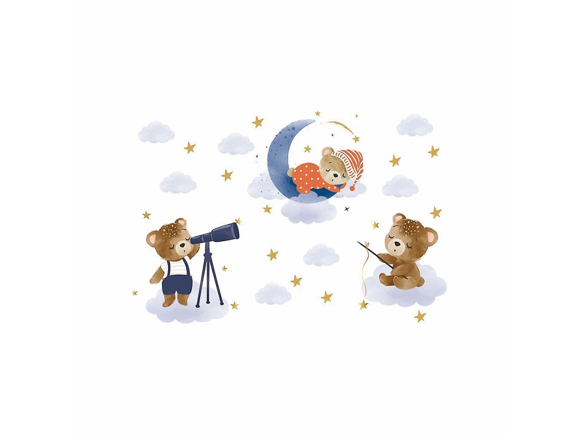 Adesivos de parede Rebe, decoração com ursinho de pelúcia, lua e estrelas para sala de estar, escritório, quarto e cozinha. Autoadesivos e removíveis.