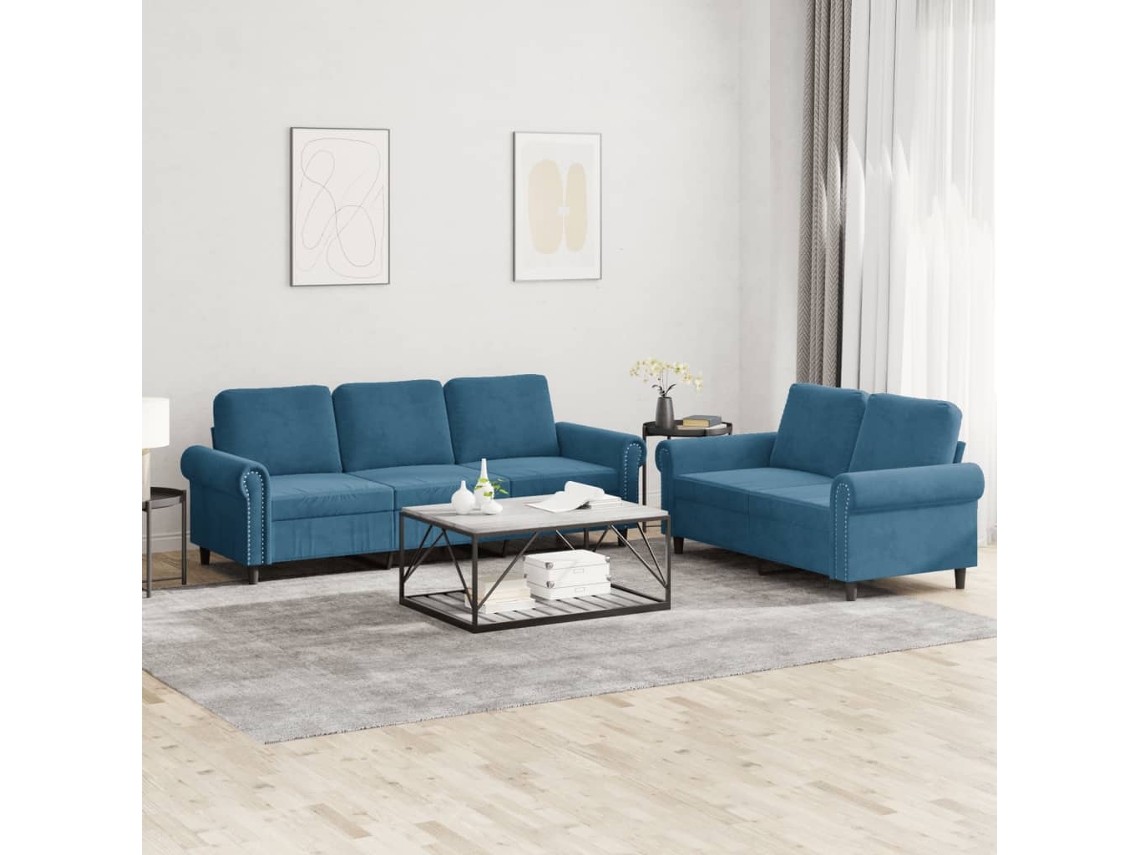Vidaxl 2 Pcs Conjunto De Sofás Com Almofadões Veludo Azul