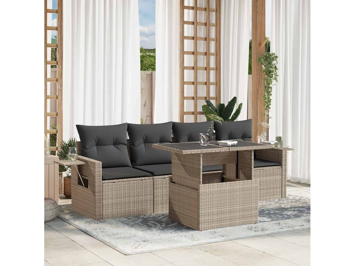 Vidaxl 5 Pcs Conj. Sofás Jardim C/ Almofadões Vime Pe Cinzento-claro
