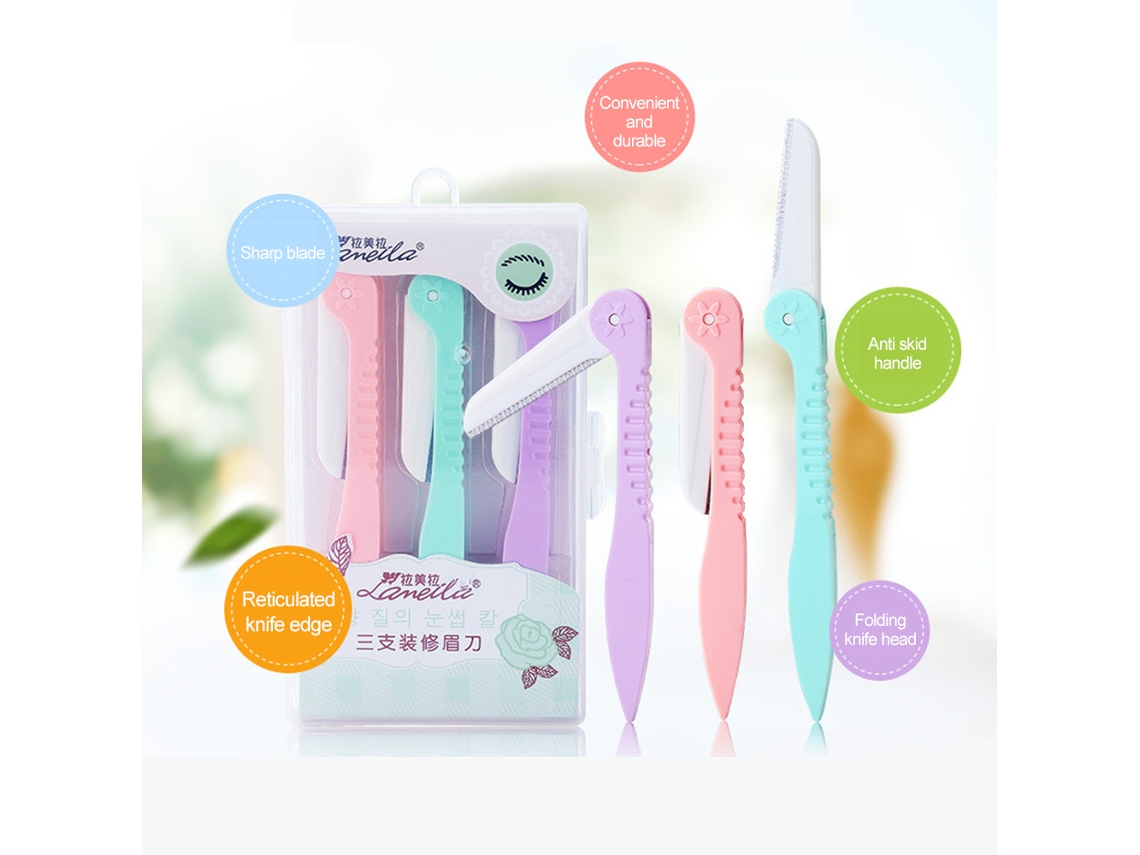 Kit com 3 aparadores de sobrancelha dobráveis, seguros e compactos, 3 cores, ferramenta de beleza para mulheres.