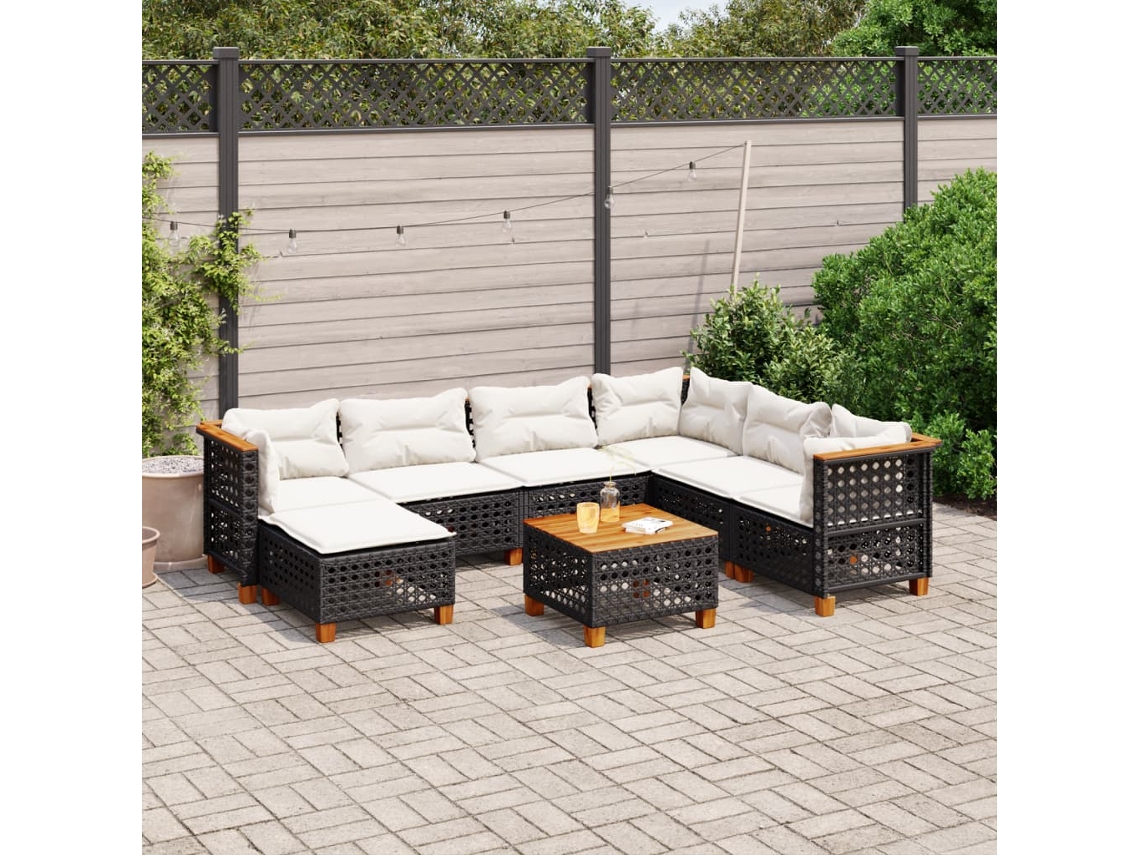 Vidaxl 8 Pcs Conjunto Sofás De Jardim Com Almofadões Vime Pe Preto