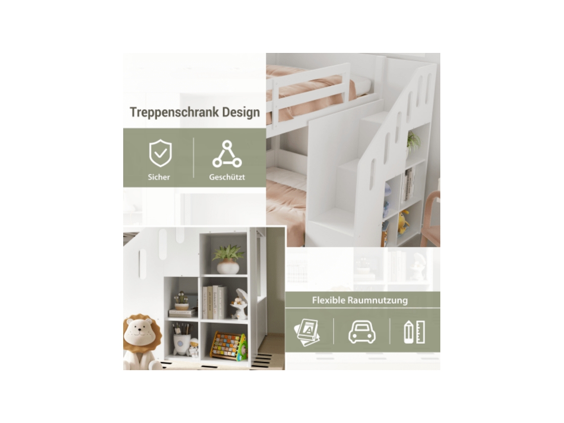 Beliche Infantil Duplo Multifuncional Com Escadas E Gavetas, Seguro E Estável, Sem Colchão, 90x200 Cm, Branco