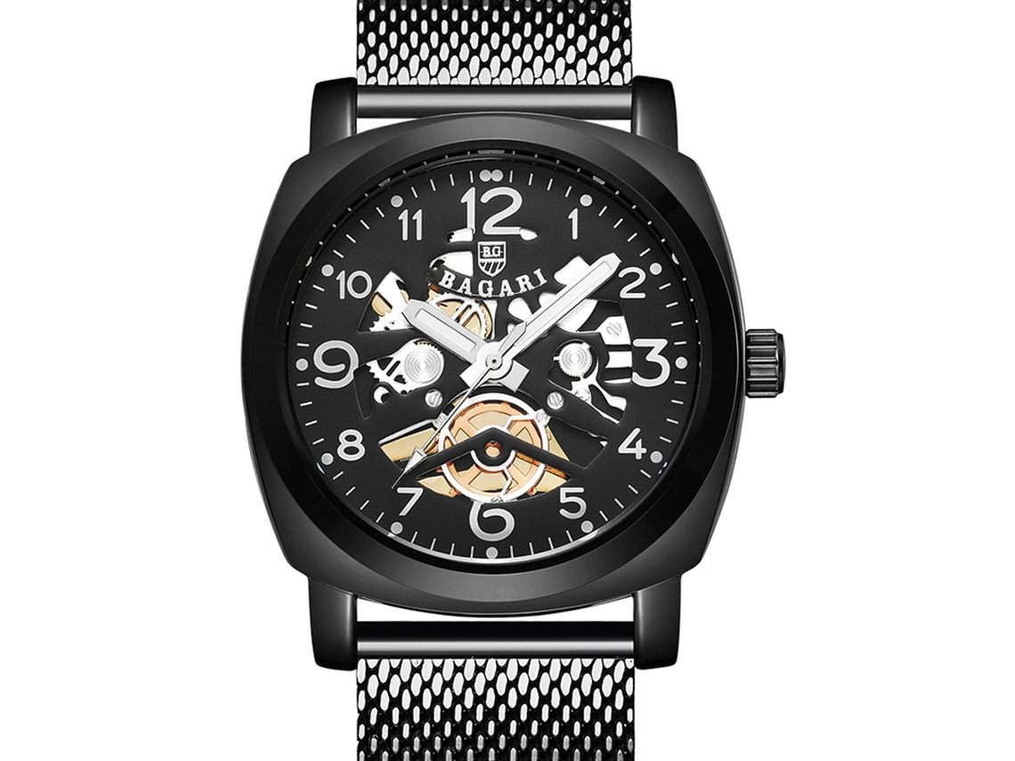 Relógio de quartzo masculino Bagari com pulseira de malha casual (preto)
