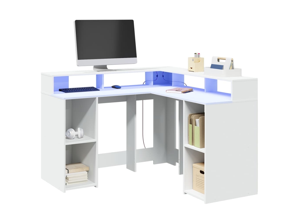 Vidaxl Secretária C/ Luzes Led 130x130x91 Cm Derivados Madeira Branco