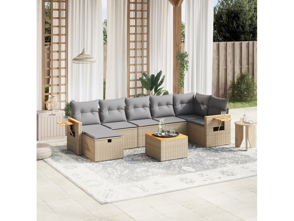 Vidaxl 8 Pcs Conj. Sofás Jardim C/ Almofadões Vime Pe Bege
