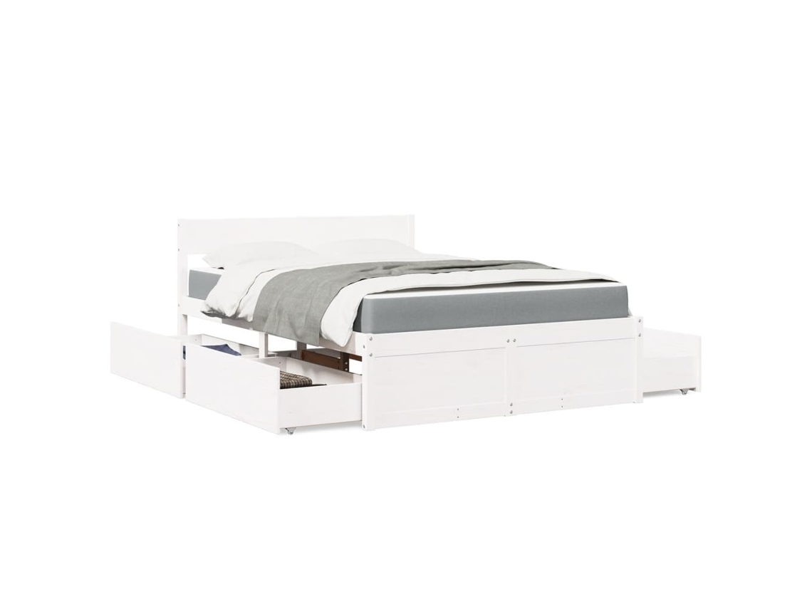 Vidaxl Cama Com Gavetas E Colchão 120x190 Cm Pinho Maciço Branco