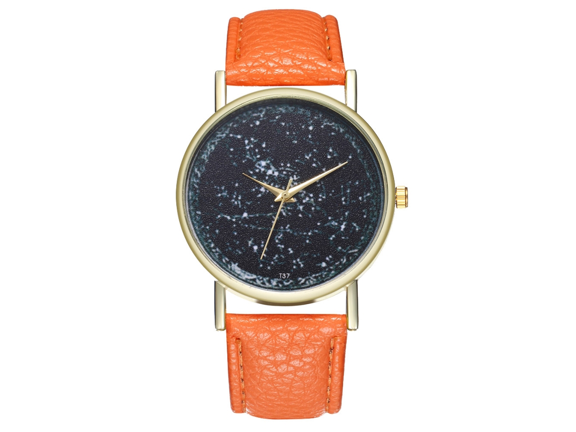 Relógio de quartzo unissex com pulseira de couro PU, mostrador moderno, laranja universo