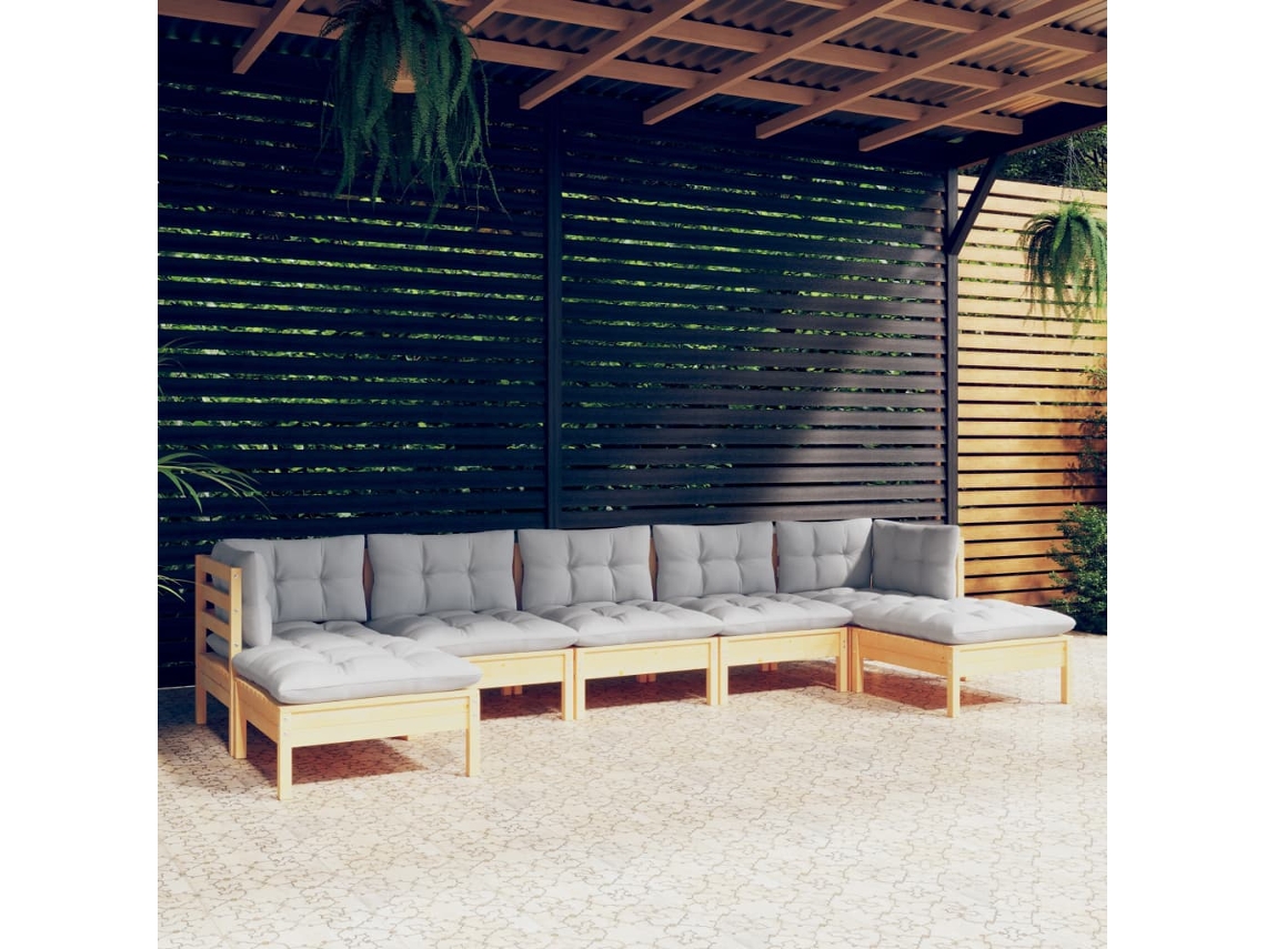7 Pcs Conjunto Lounge De Jardim C/ Almofadões Cinzentos Pinho Dkd Home Decor