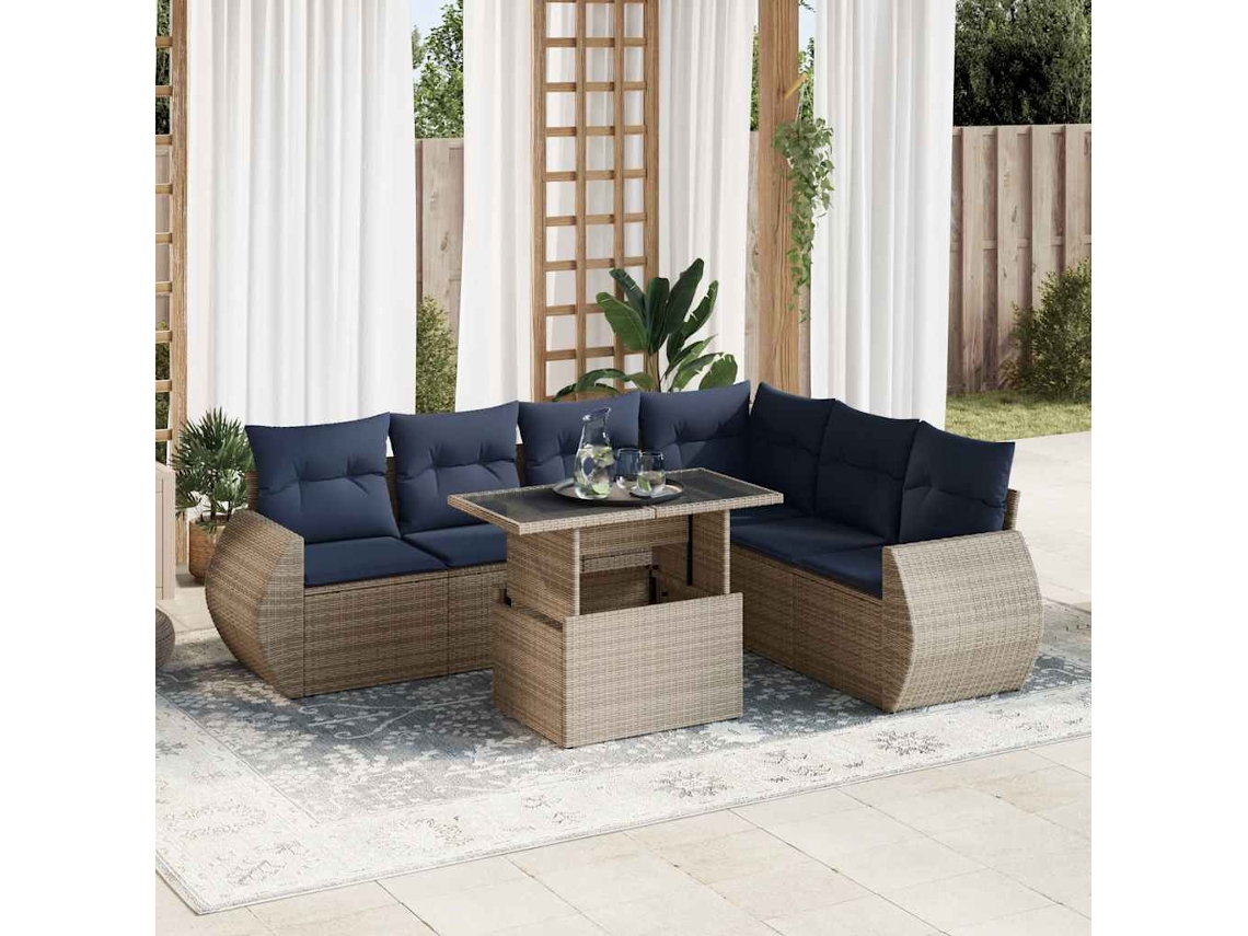 Vidaxl 7 Pcs Conjunto Sofás Jardim Almofadões Vime Pe/acácia Cinzento