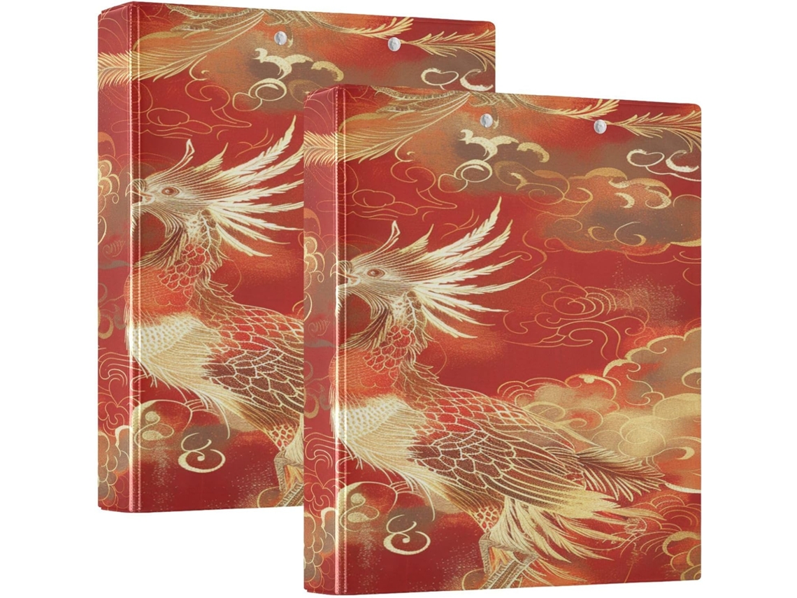 Pasta Escolar De 1, 5 Polegadas Com Estampa De Fênix Em Vermelho E Dourado, Nuvens Auspiciosas, Três Argolas Com Bolsos