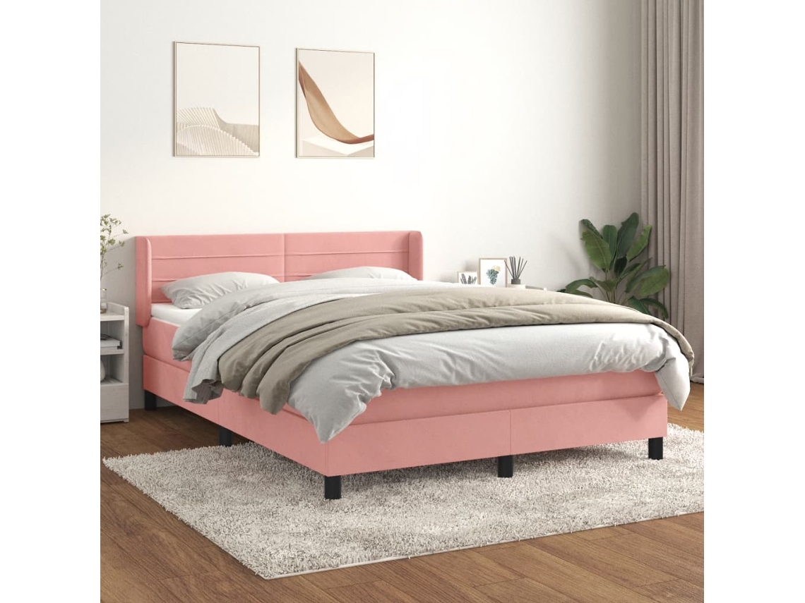 Vidaxl Cama Com Molas/colchão 140x190 Cm Veludo Rosa