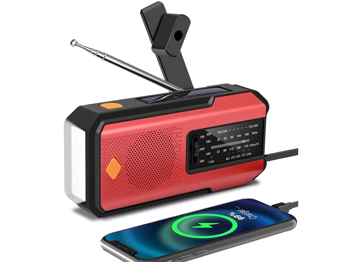 Rádio portátil de emergência AQUAFORGE com manivela, energia solar, lanterna led, luz de leitura, bateria 2000mah