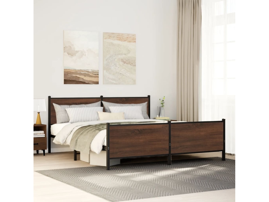 Cama De Casal | Camas Para Quarto | Estrutura Cama Sem Colchão 200x200cm Metal Carvalho Castanho