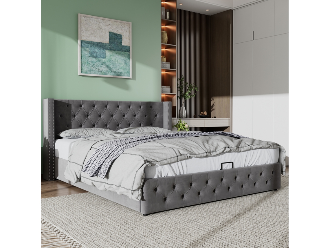 Cama Com Baú 180x200 Cm Em Veludo Com Estrado De Ripas Cinza Estilo