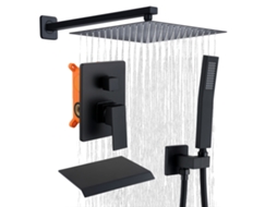 Sistema de duche embutido HOMELODY preto com cabeça de 30 × 30 cm, chuveiro de mão e saída para banheira em cascata