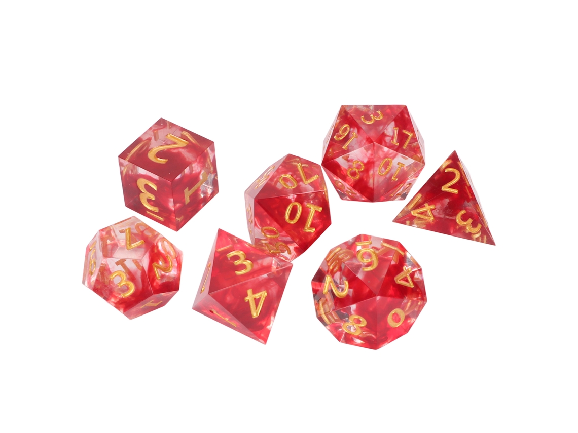 Conjunto Mali de 7 dados poliédricos de resina com números transparentes para Tabuleiro e RPG da Cor Sangue Games.