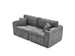 Sofá Relax de 2 lugares em chenille Macio, ideal para espaços pequenos, com porta-revistas, copos e almofadas cinza.