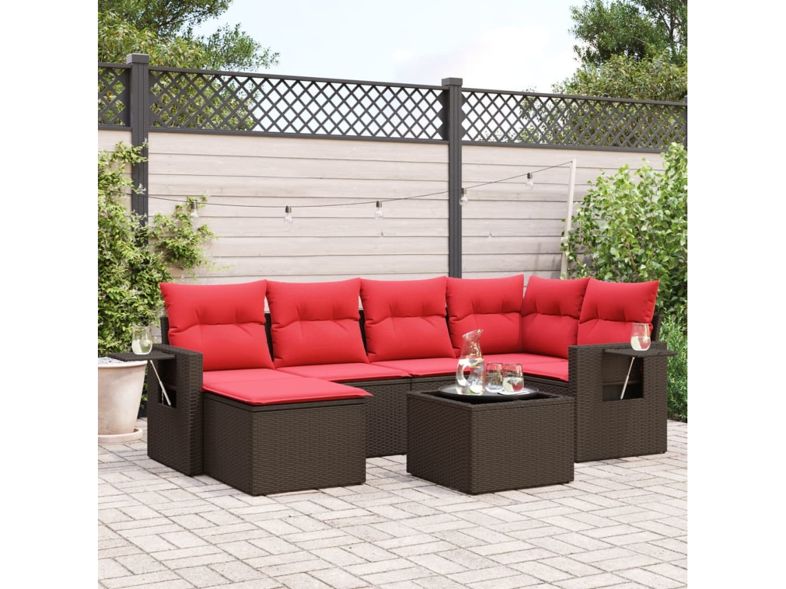 Vidaxl Conjunto De Sofá De Jardim Com 7 Peças E Almofadas Em Rattan Sintético Marrom