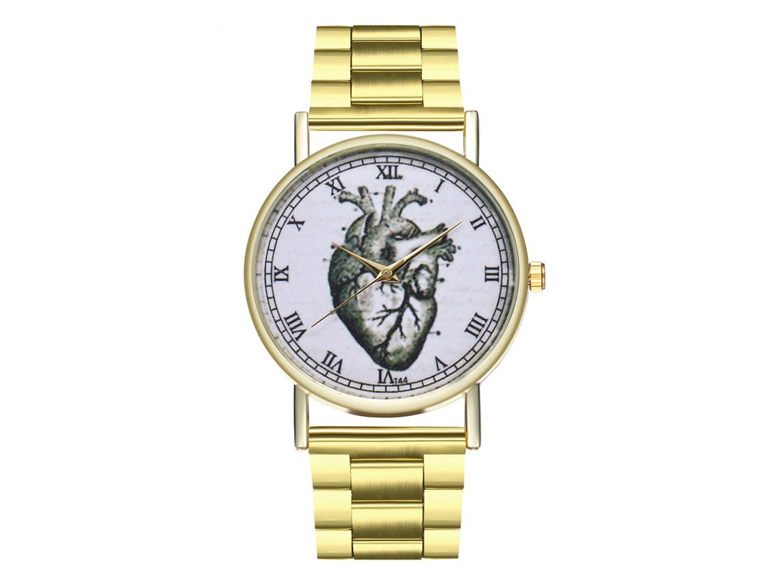 Relógio feminino de quartzo com pulseira de aço, estampa de coração, estilo casual.