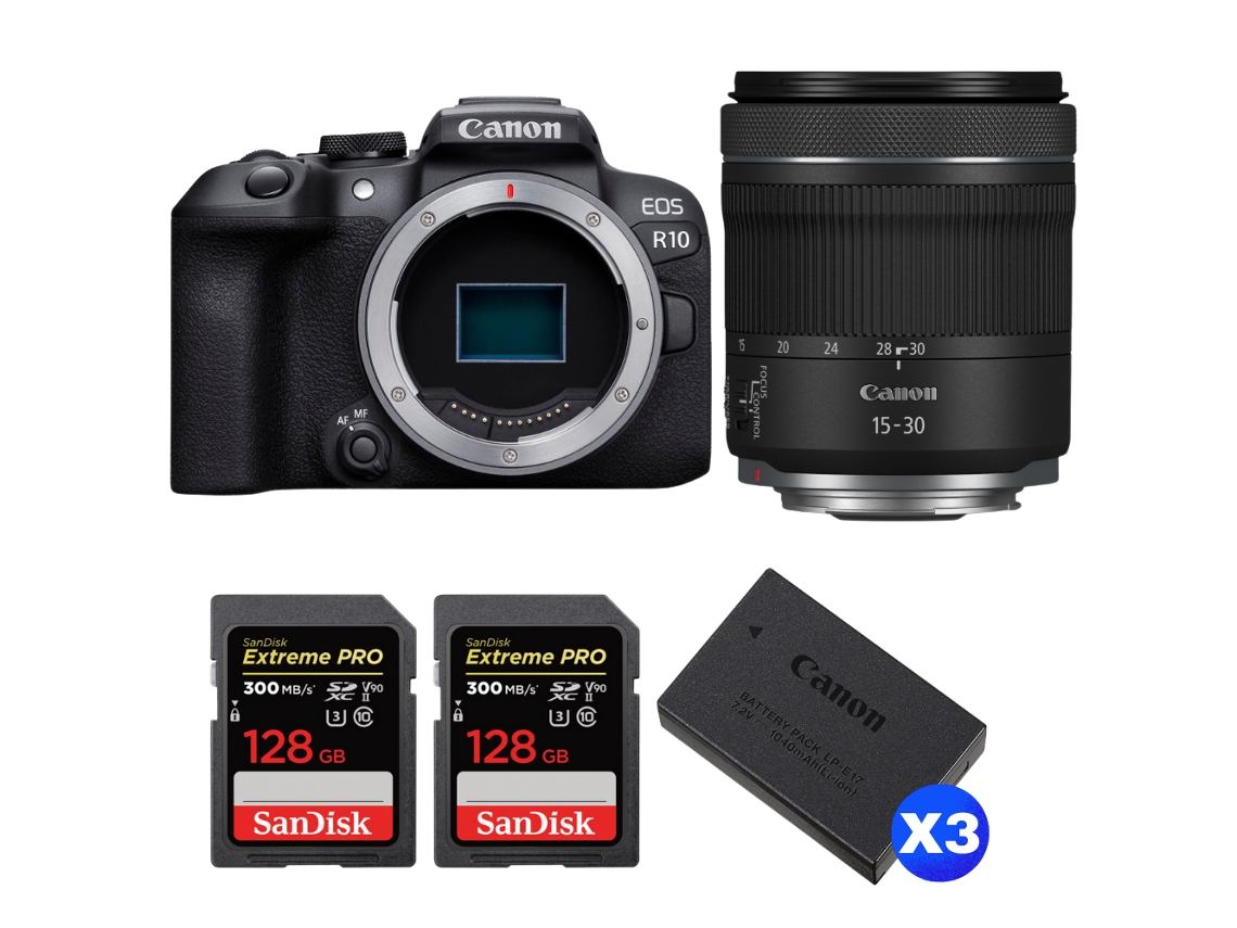 Eos R10 + Rf 15 30mm F4.5 6.3 Is Stm + 2 Sandisk 128gb Uhs ii 300mb/s + 3 Canon Lp e17 + Ebook “20 Dicas para Fotos Que Impressionam” CANON
