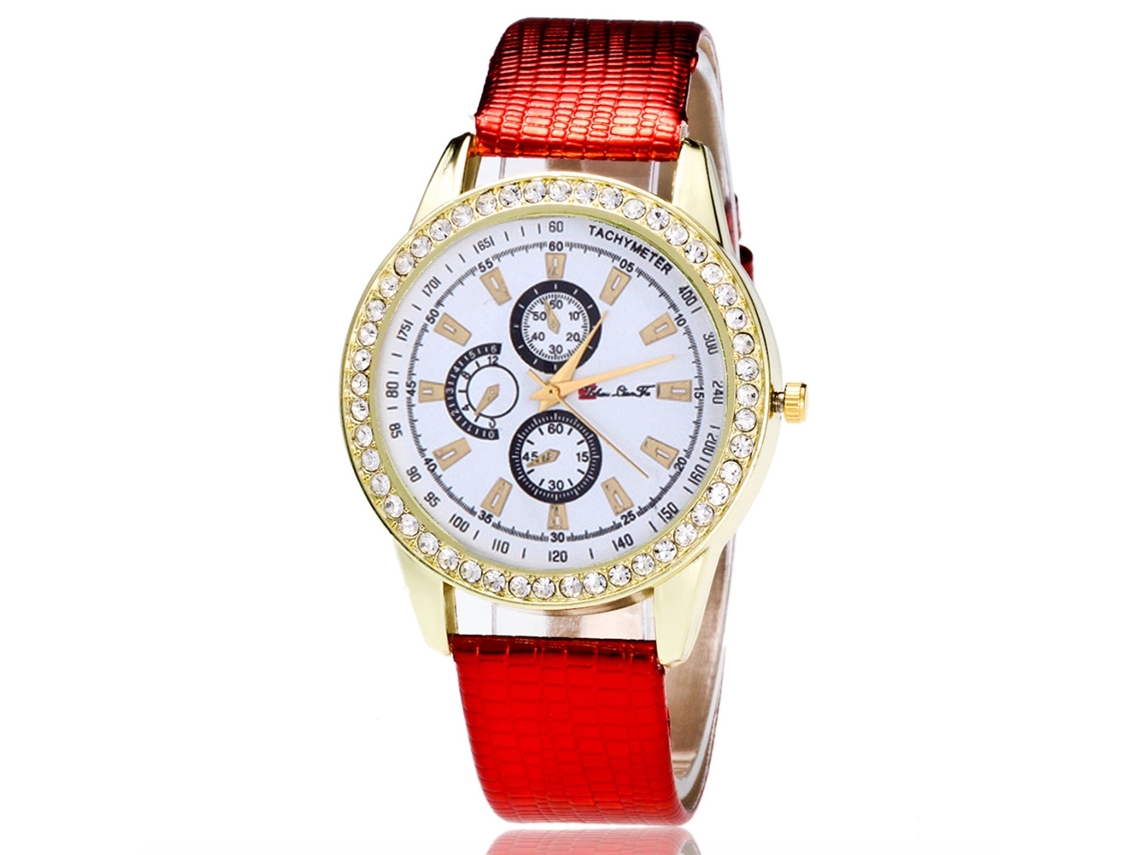 Relógio de Pulso Feminino Casual de Quartzo com Pulseira de Couro Pu Vermelho