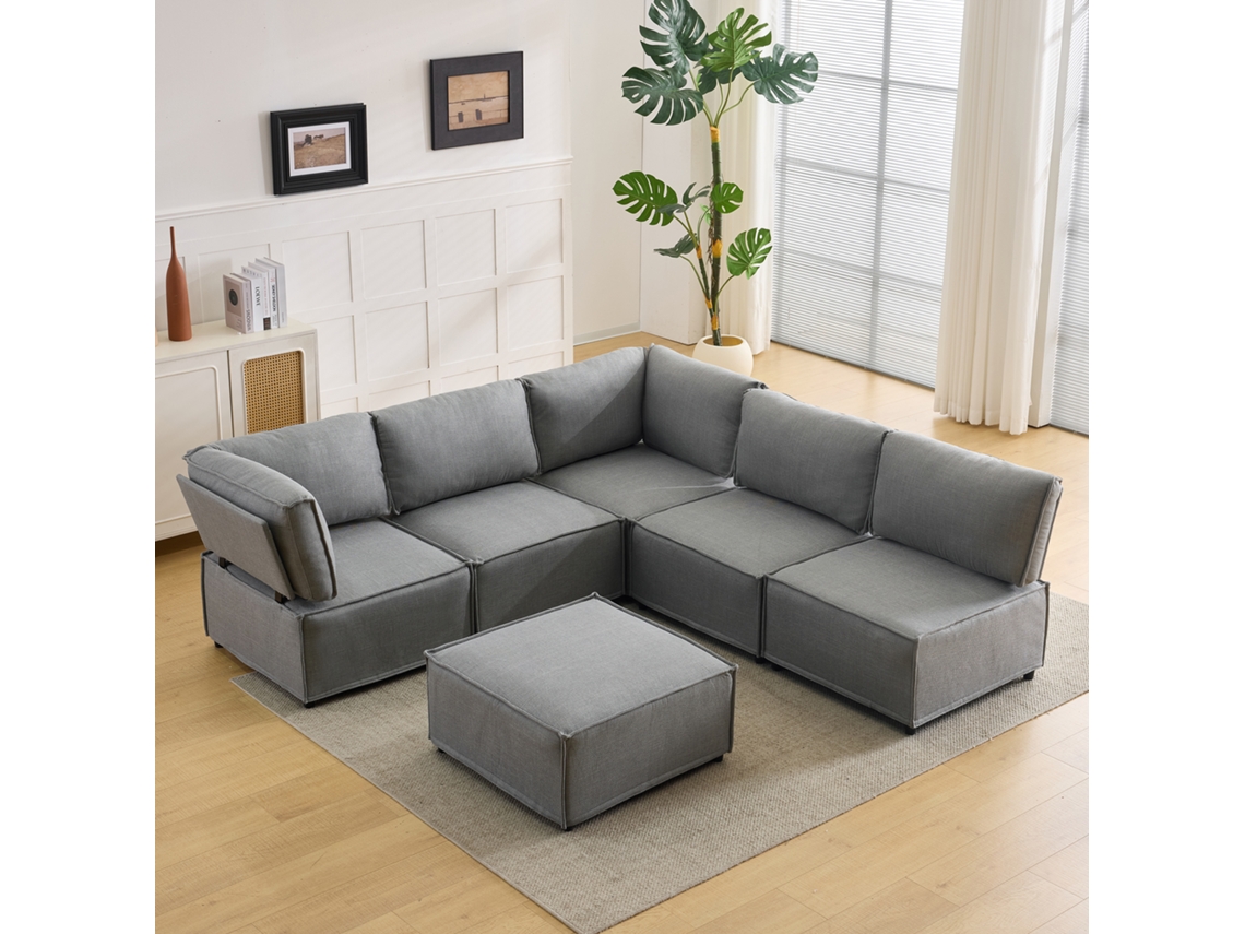 Conjunto Sofá Modular Semi-compacto Madeira, Linho Cinza Claro