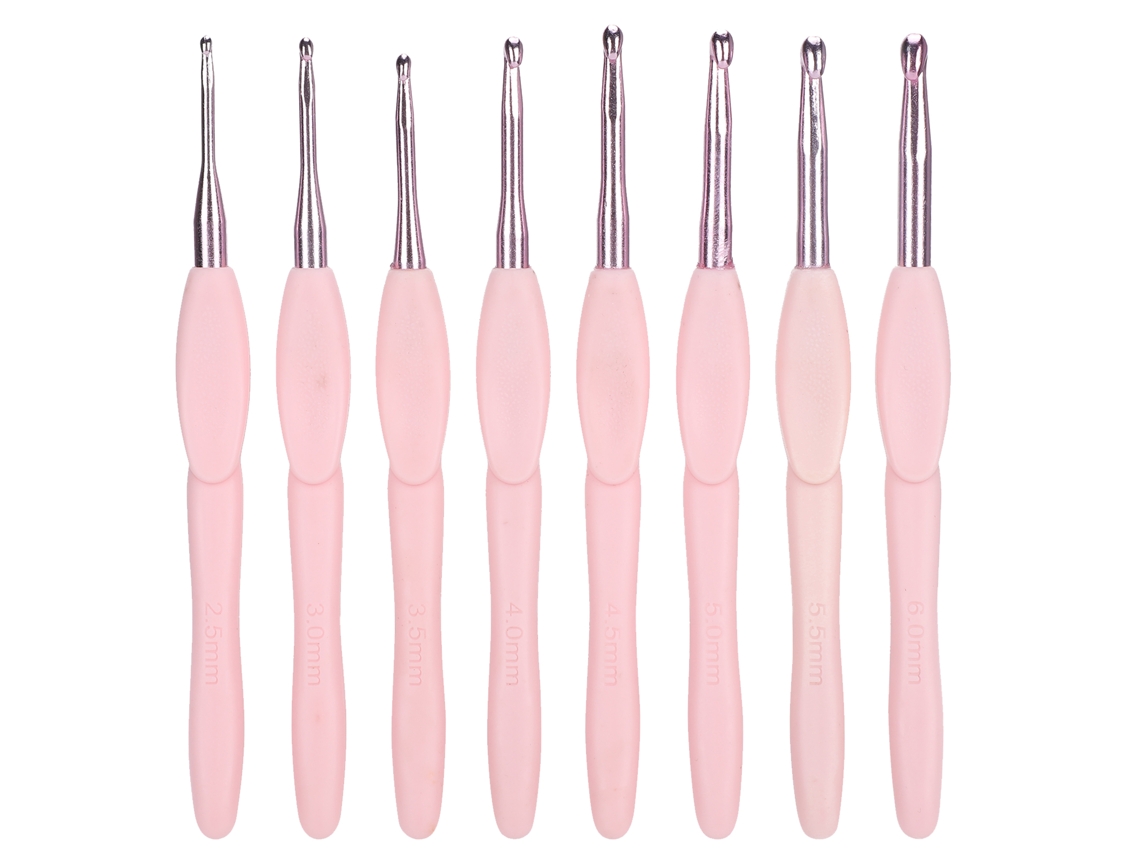 Conjunto de 8 Agulhas de Crochê Ergonômicas, Ferramenta de Tricô, Agulha para Suéter, Cabo Rosa Suave, Alumínio Tpr AQUAFORGE