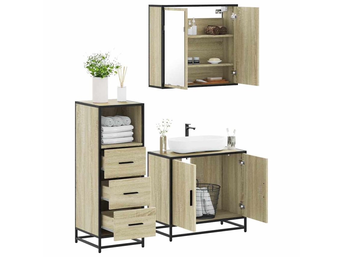 Vidaxl 3 Pcs Conj. Móveis Casa Banho Derivados Madeira Carvalho Sonoma