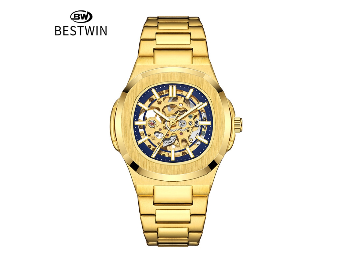 Relógio Esqueleto Luminoso Masculino Dourado e Azul MDUG
