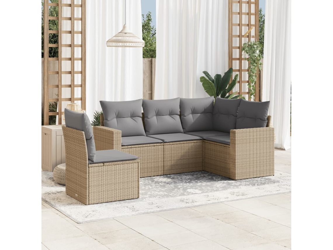 Vidaxl 5 Pcs Conjunto De Sofás P/ Jardim Com Almofadões Vime Pe Bege