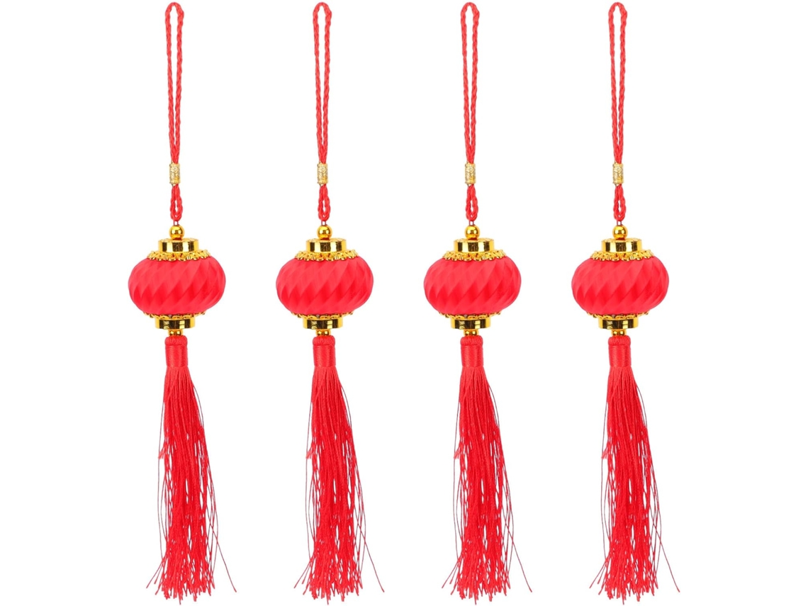 Conjunto 4 Lanternas Chinesas Plástico Vermelho Cordão Pendurar Decoração Festival Primavera Criar Ambiente GOKOCO