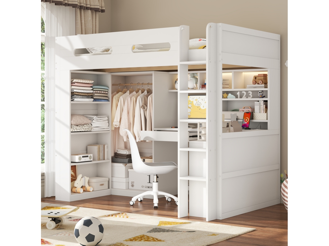 Cama Alta Em Madeira Maciça E Mdf Branca 90x200 Cm