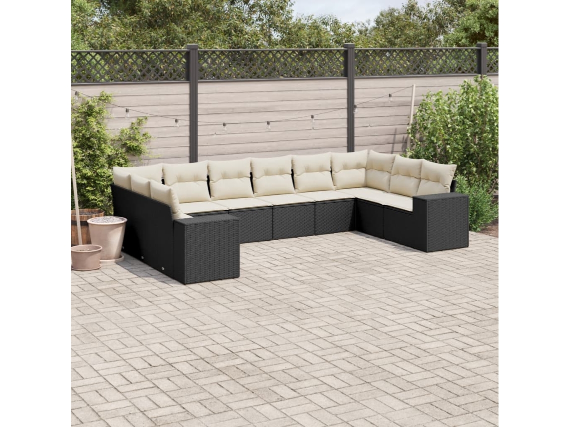 Jogo de Sofá Jardim 10 Peças C/ Almofadões Vime Pe Preto Dkd Home Decor