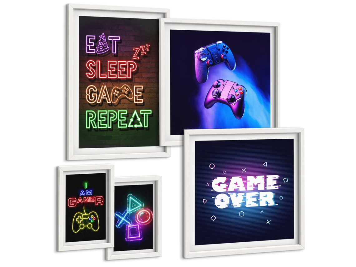 Pinturas Murais Modernas Game Over, Controles De Jogo Moldura Branca Quadros Para A Sala De Estar Espelharte (conjunto De 5 Imagens)