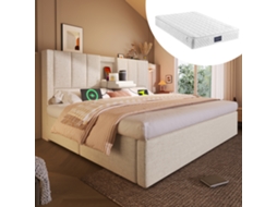 Cama 140x200 Porta copos Usb Colchão Bege Estofada VOLTEDGE
