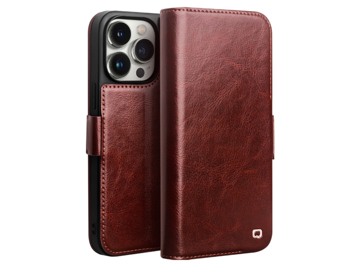 Capa Genuíno Para Iphone 14 Pro Max Qialino Pele Magnética Castanho