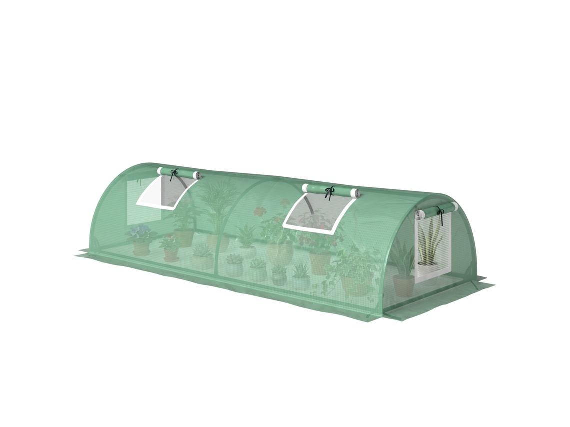 Estufa pequena verde para cultivo de plantas com 4 janelas, estrutura em aço e cobertura em PE anti-UV, 200x80x45 cm.