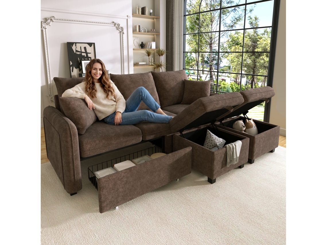 Sofá Modular Em U 3 Lugares Com Arrumação, Gavetas E Puff Em Chenille