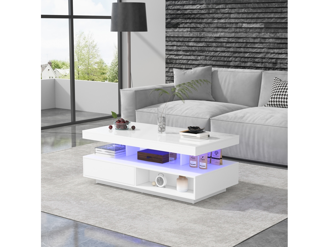 Mesa De Centro Com Led 1 Gaveta E Compartimentos Abertos Estilo Moderno Branco