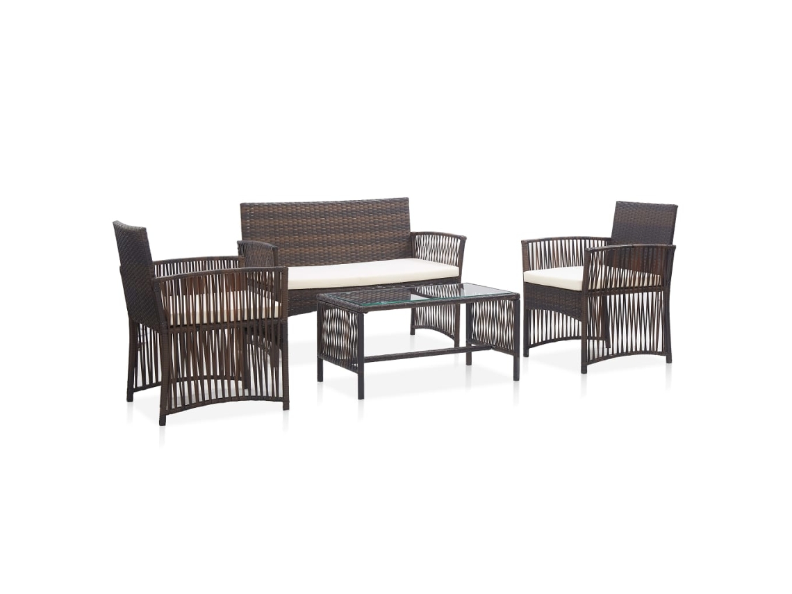 Vidaxl 4 Pcs Conjunto Lounge Jardim C/ Almofadões Vime Pe Castanho
