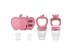 Alimentador Frutas Bebé EIFSON 6+ Meses com Molde Gelo e 2 Chupetas (maçã+urso Rosa Escuro)