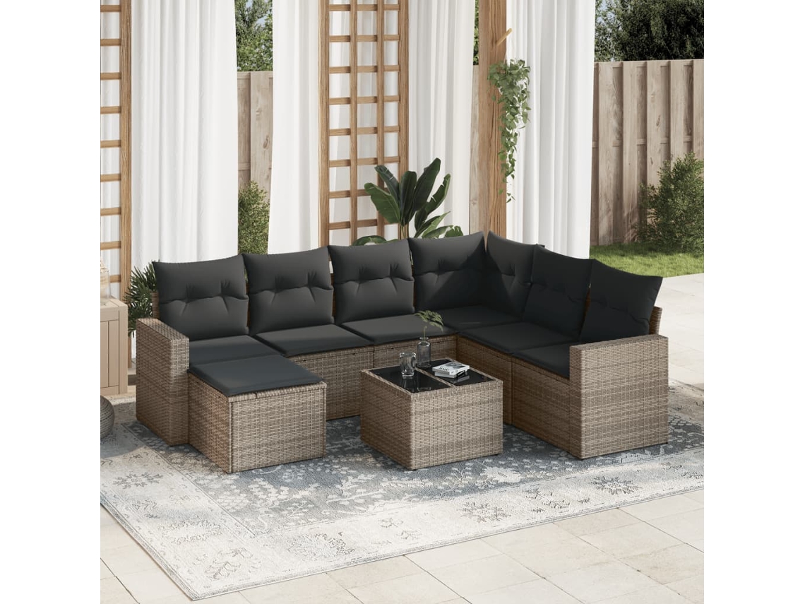 Vidaxl 8 Pcs Conjunto Sofás De Jardim C/ Almofadões Vime Pe Cinzento